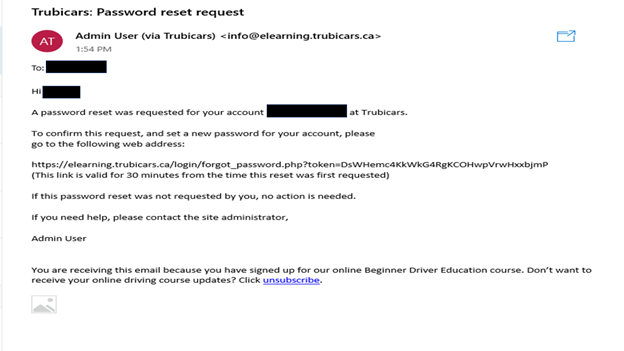 Trubicars Password Reset Confirmation Email